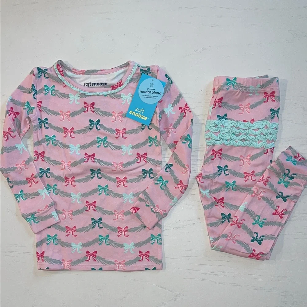Rufflebutts Charming Pink Bow Print Kids Pajama Set 18-24 months 3T 4T